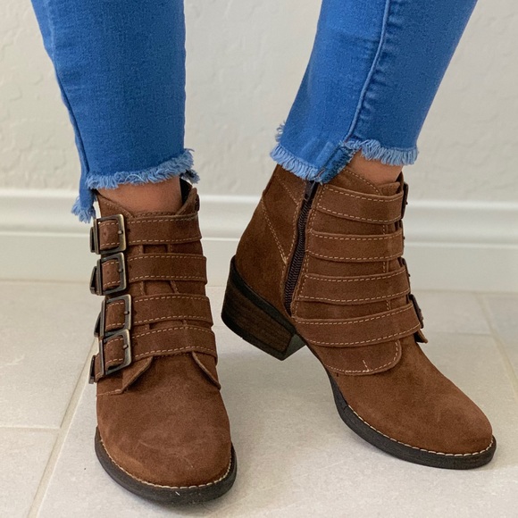 Cognac Genuine Suede Bootie With Buckle Details - Picture 3 of 8